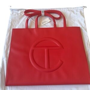 Red Leather Tote Bag with Top Handles